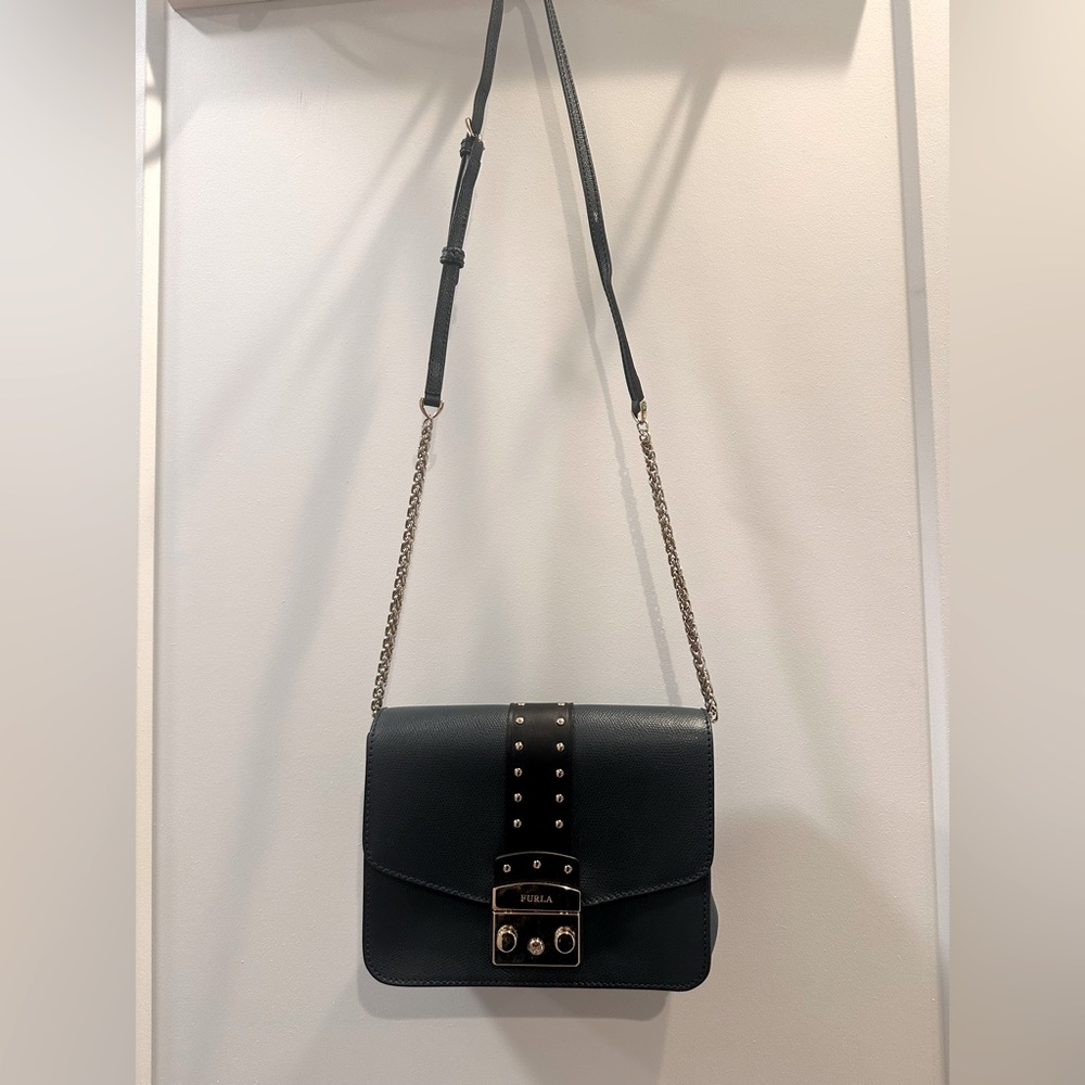Furla perfect condition green bag with chain and stud detail.